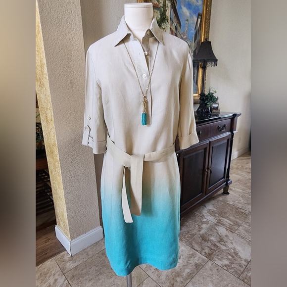 J. McLaughlin Dresses & Skirts - J. McLaughlin Beige and Teal Linen Knee Length Dress XS
